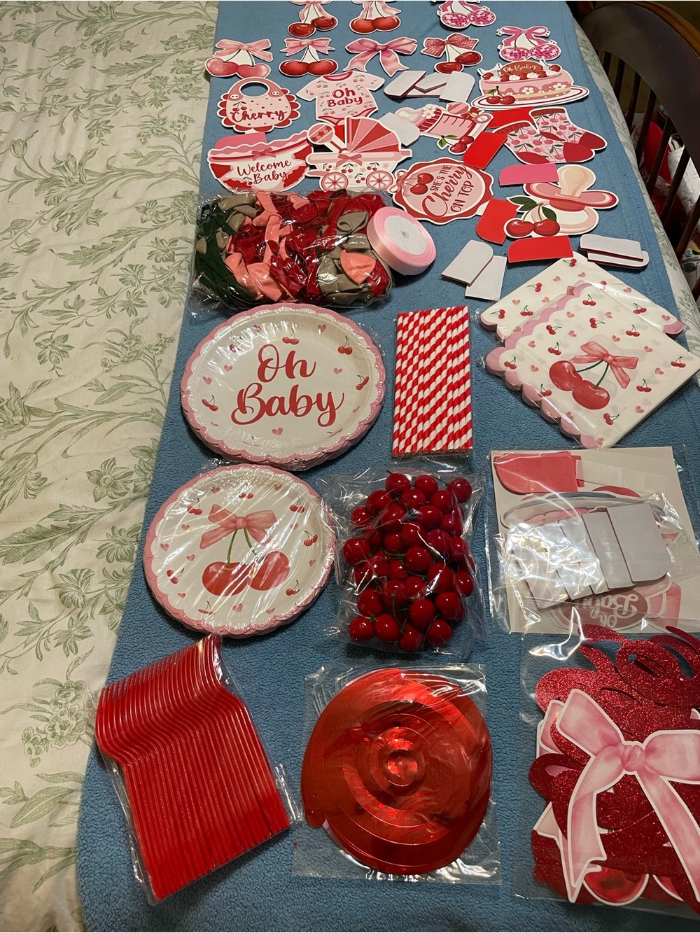 Oh Baby Cherry-Themed Party Supplies Set - Pink & Red